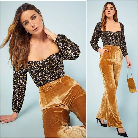 REFORMATION Daisy Dot Print Crepe Square Neck Smocked Back Long Sleeve Top 0 - Picture 1 of 6